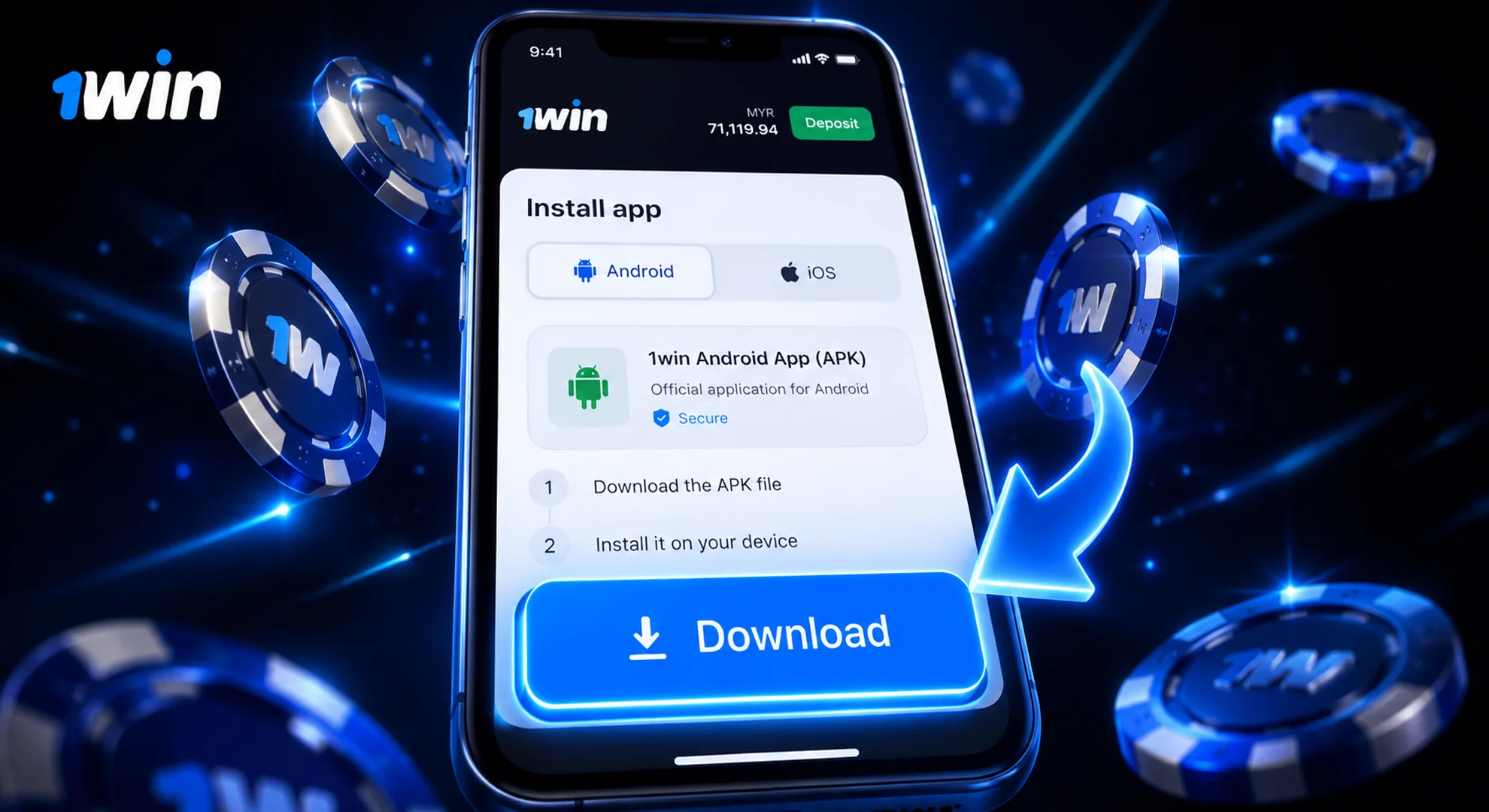 Step 1: Locate and click the download button for 1win APK file