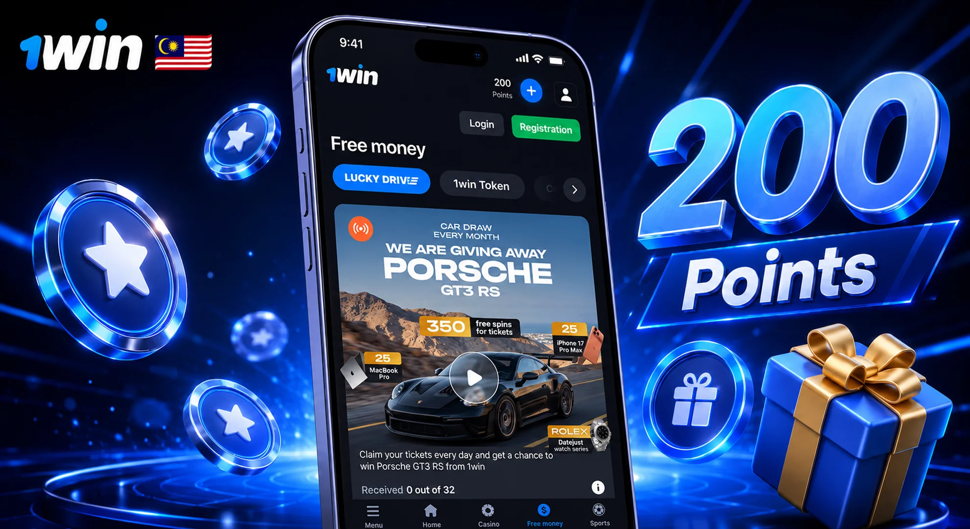 Get 200 free coins bonus by installing the 1win app in Malaysia