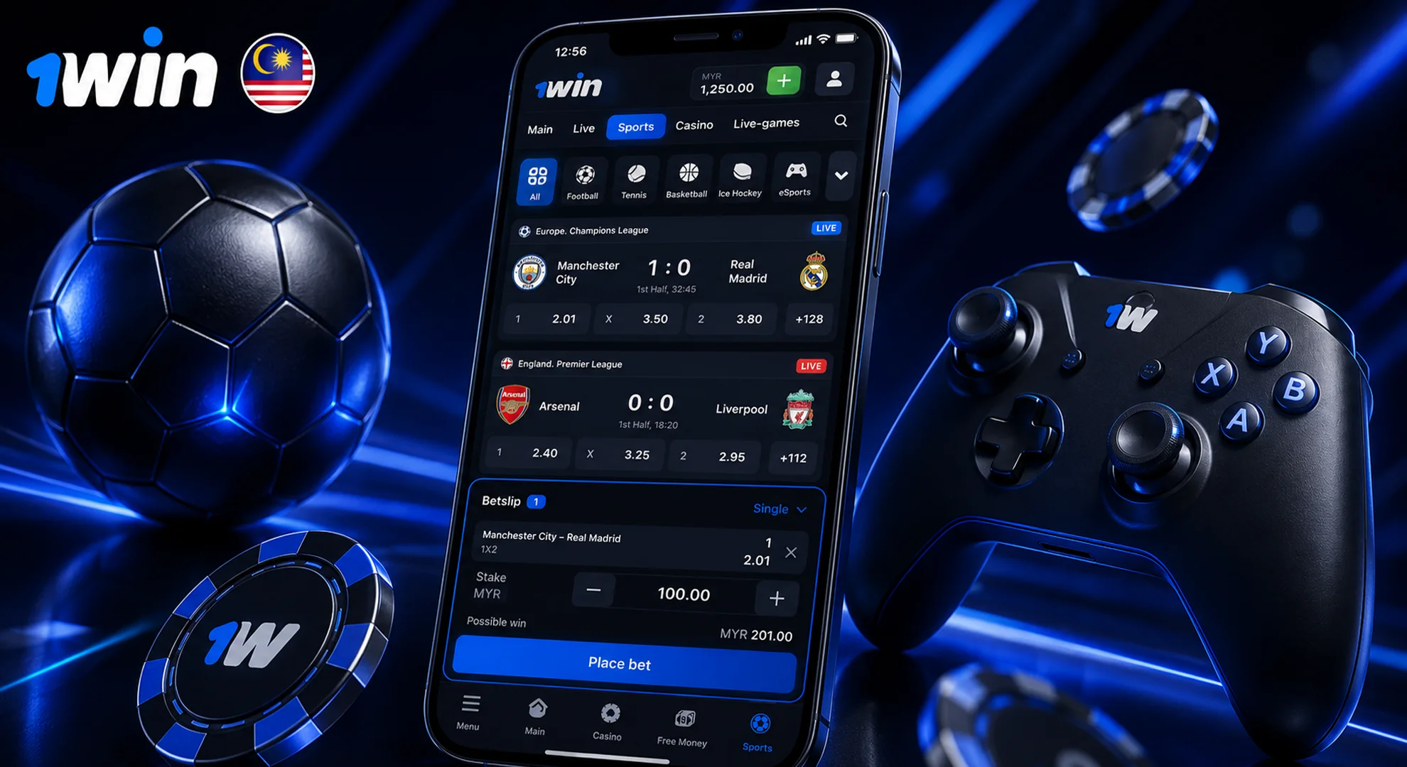 Sports markets and live odds interface on the official 1win betting app