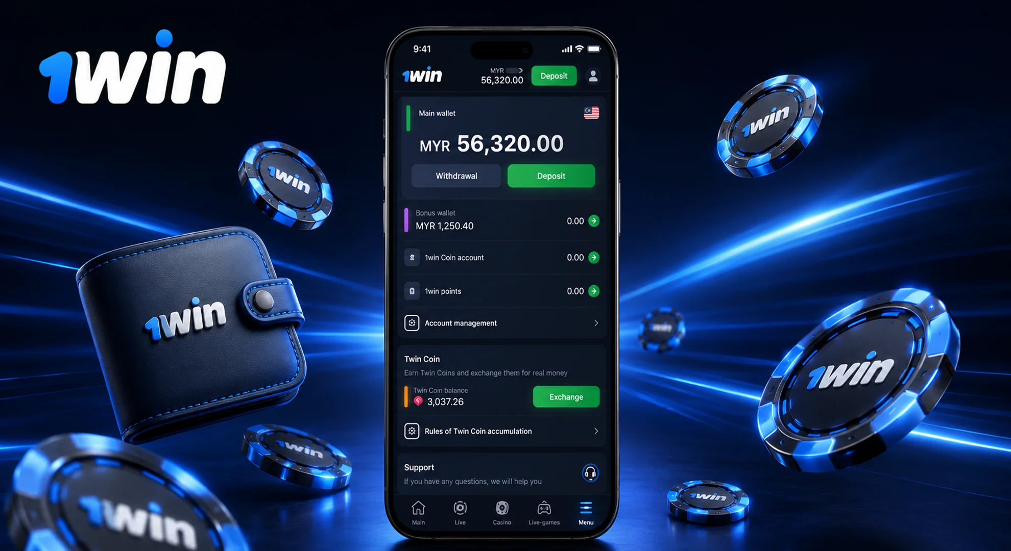 Checking MYR real money balance in 1win casino account