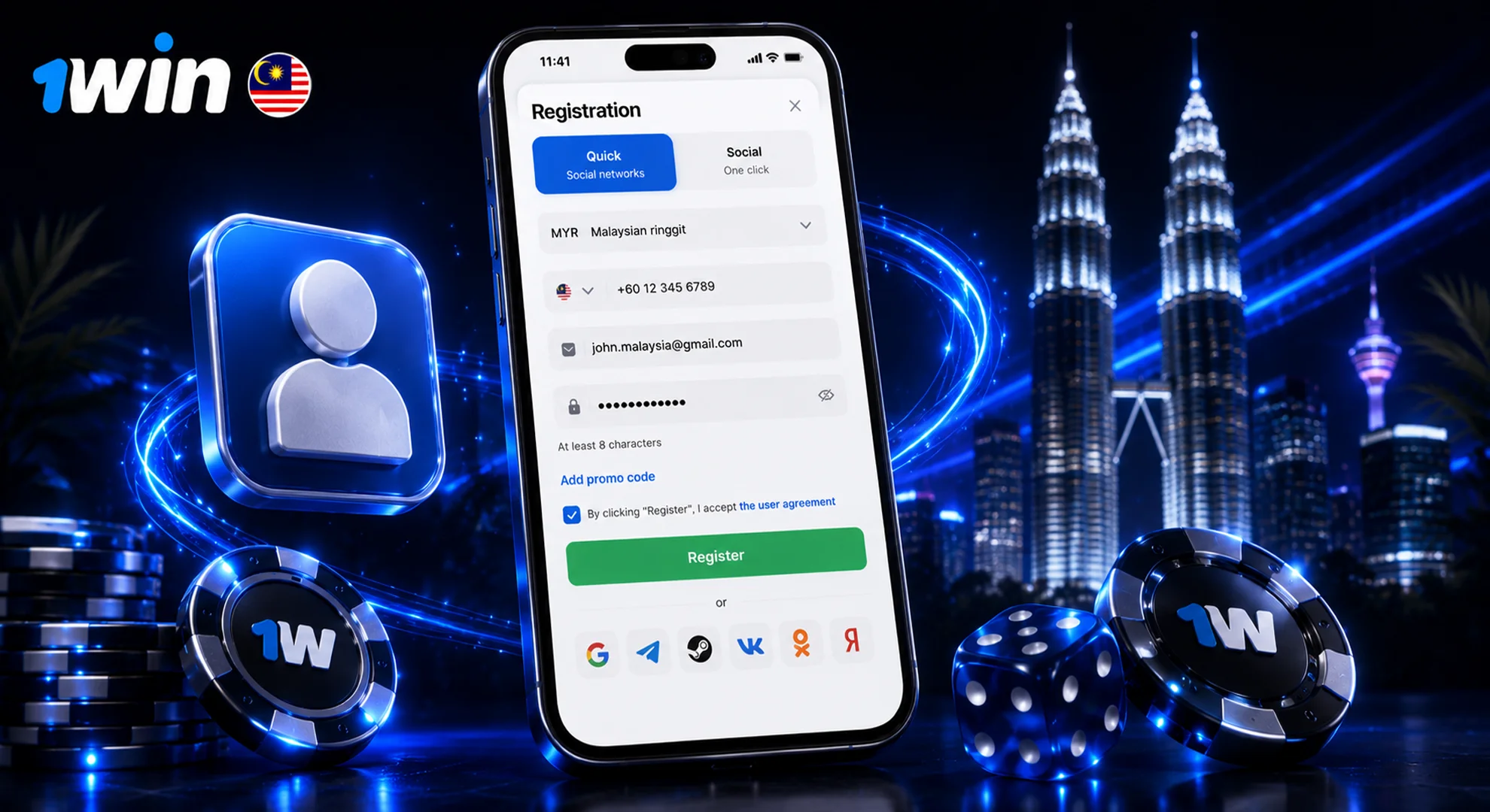 Enter personal details and select MYR currency during 1win registration