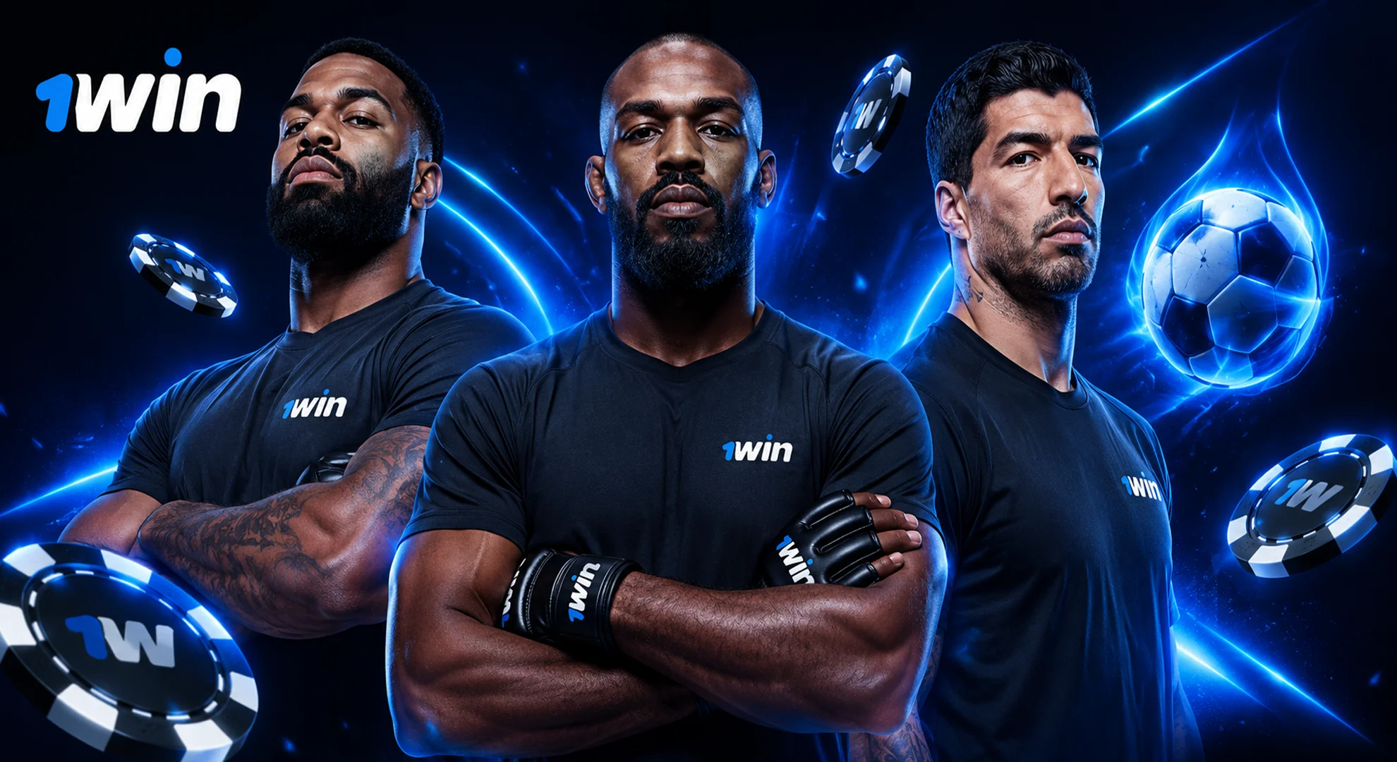Official 1win brand ambassadors Jon Jones Gable Steveson Luis Suarez
