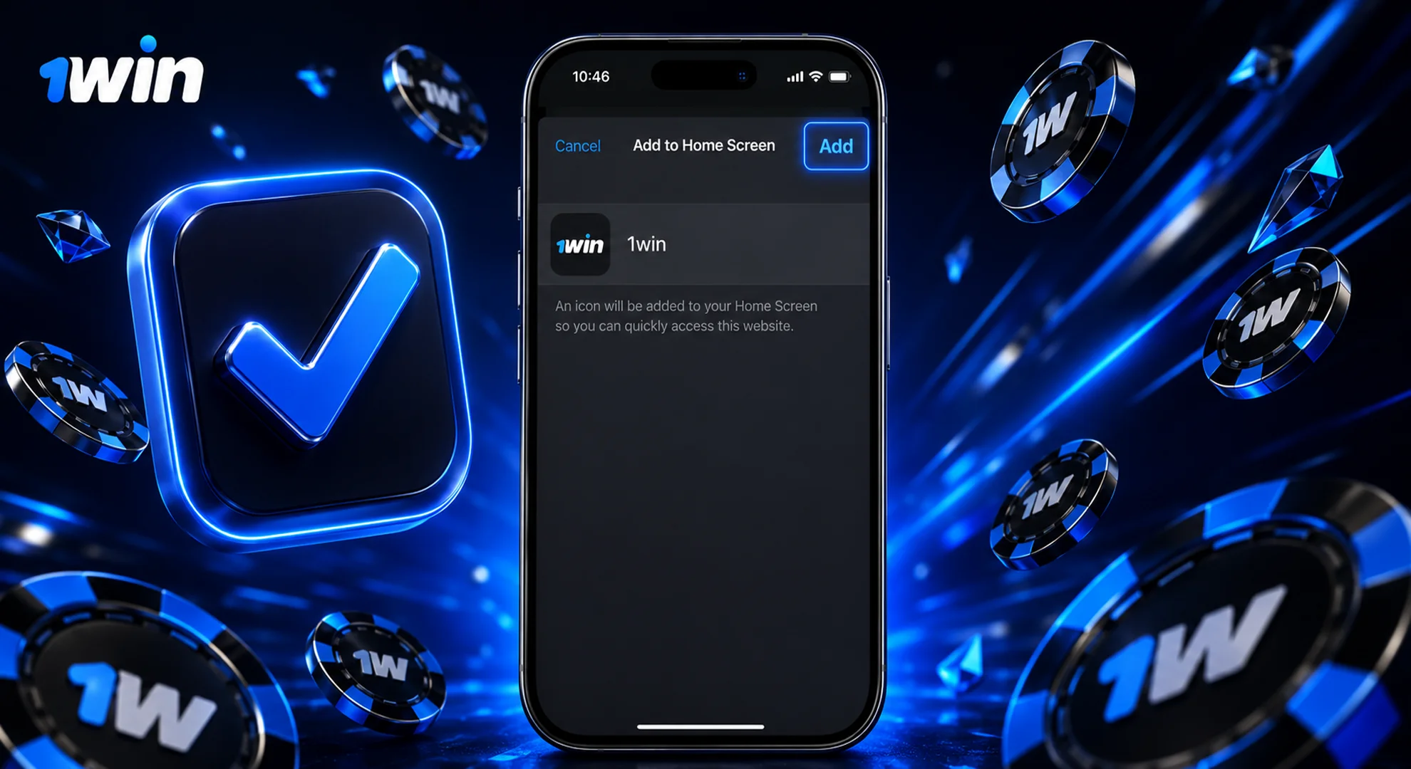Step 4: Tap Add in the top right corner to save 1win app shortcut