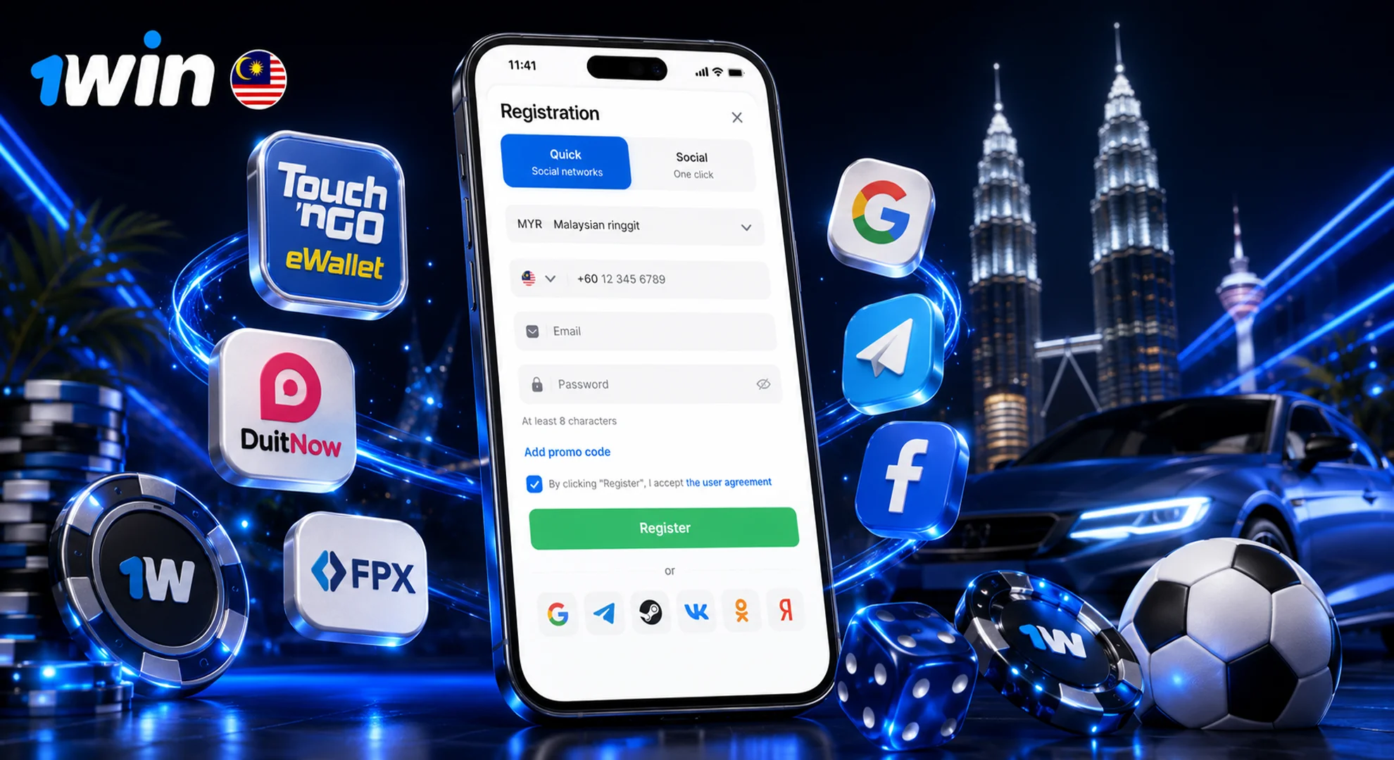 Select registration method on official 1win Malaysia account creation page