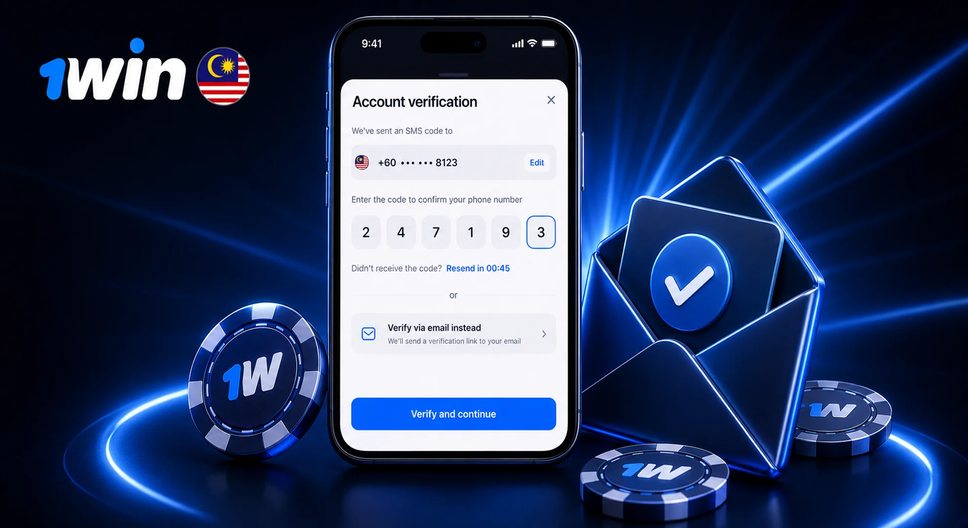 Complete 1win Malaysia account activation via SMS or email verification link