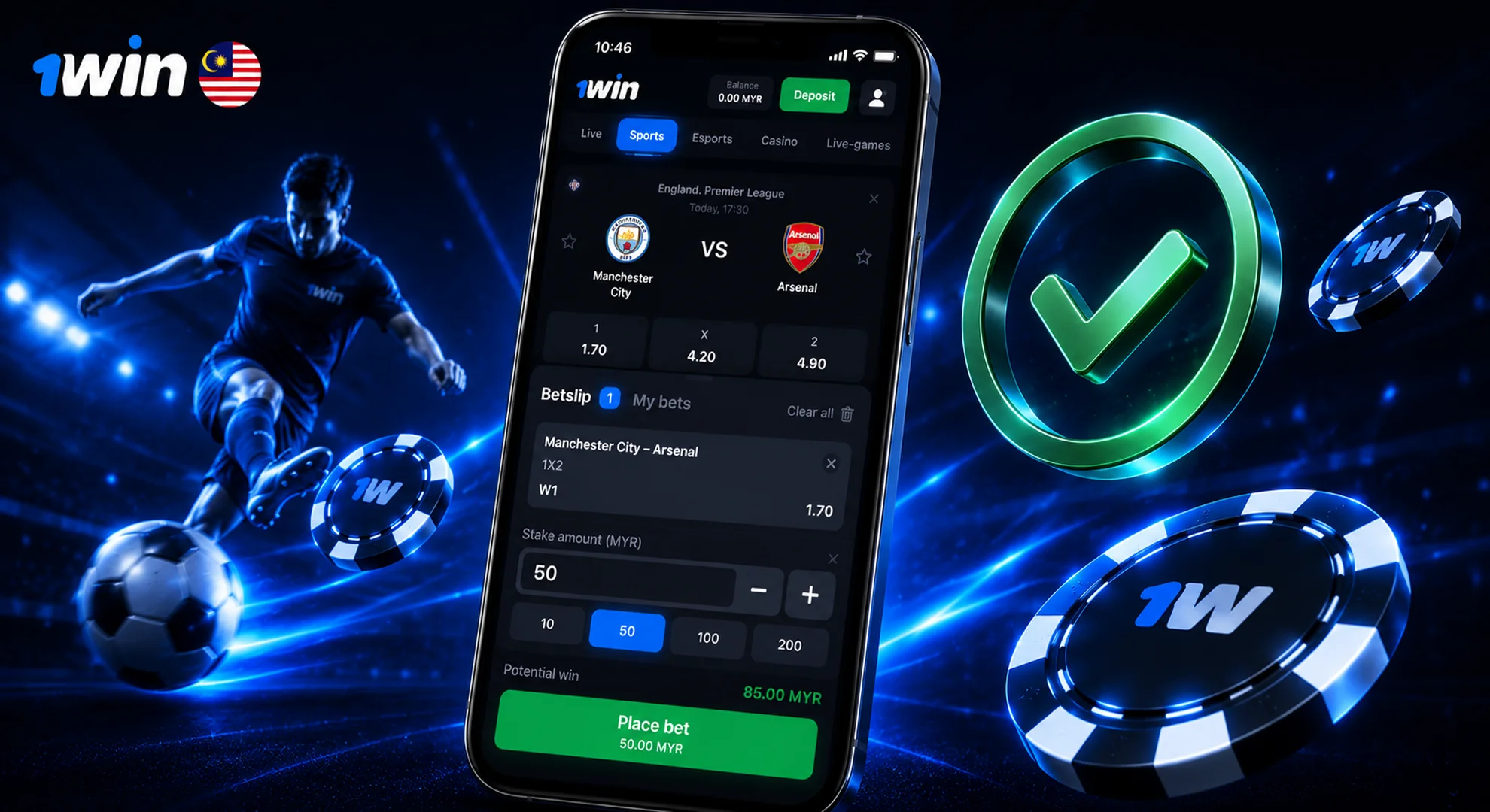 Confirming stake amount in 1win betslip to place first sports bet