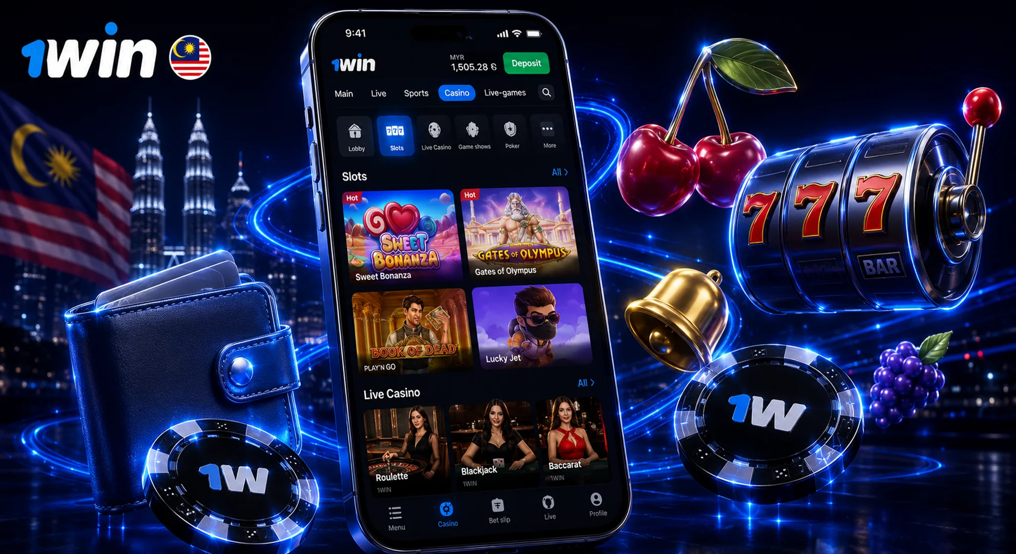 Navigating slots and live casino games lobby on 1win Malaysia