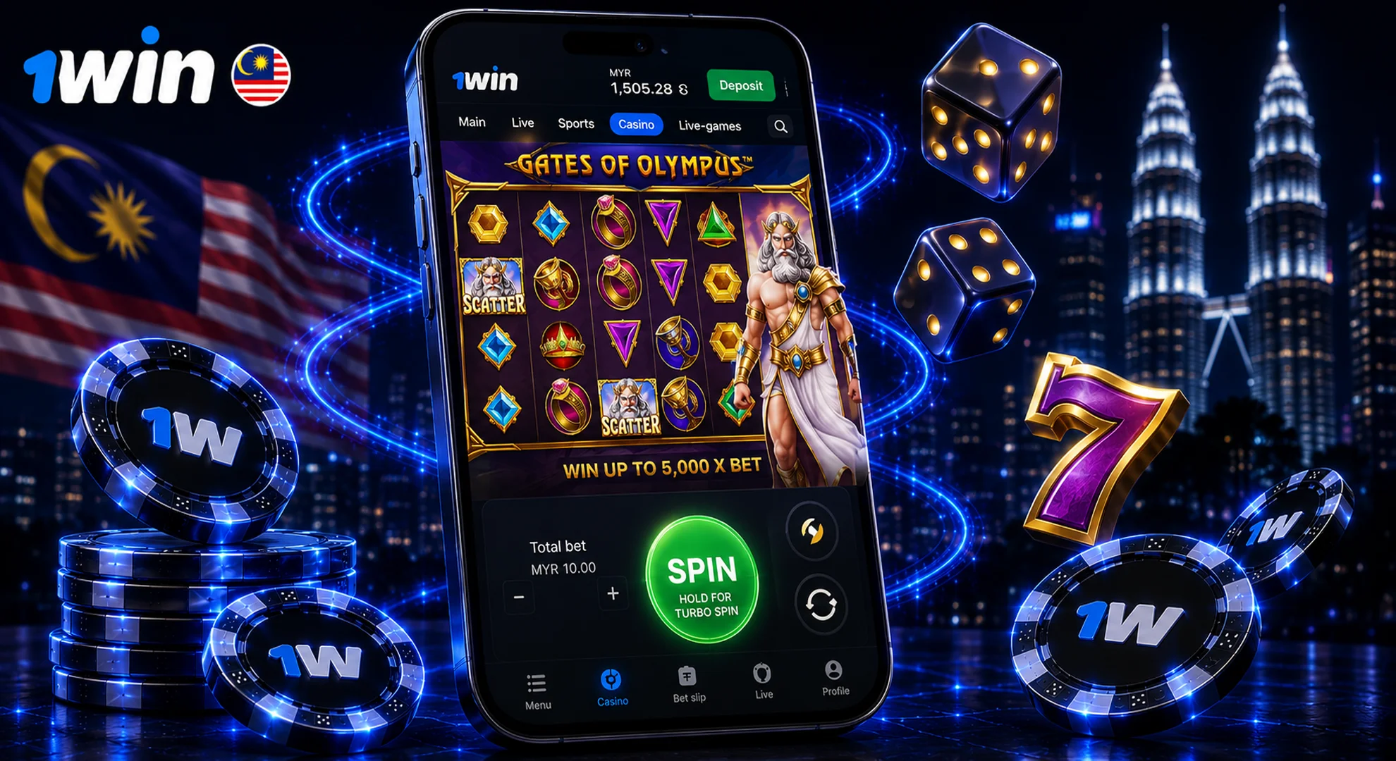 Setting bet size and hitting spin button in 1win online slot