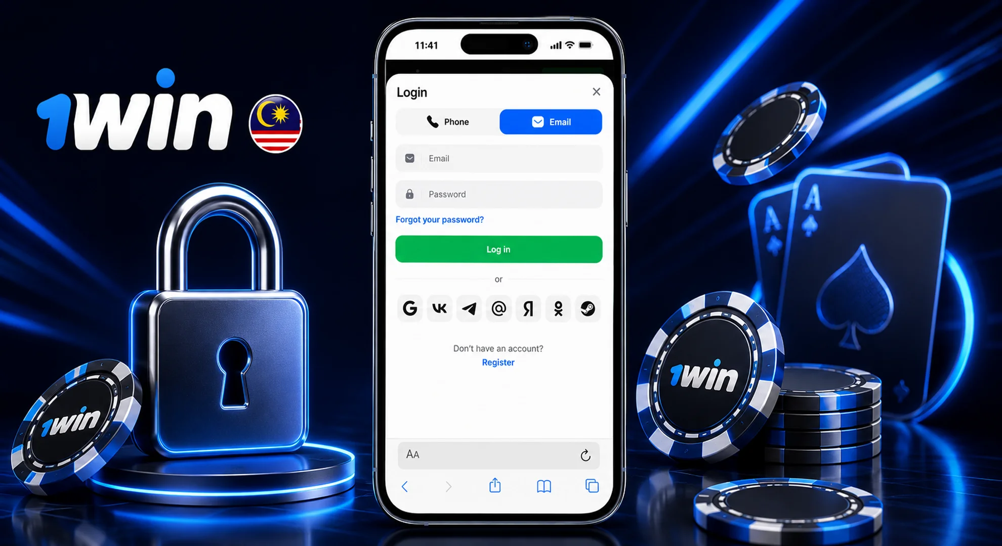 Quick 1win log in button to access profile and casino account